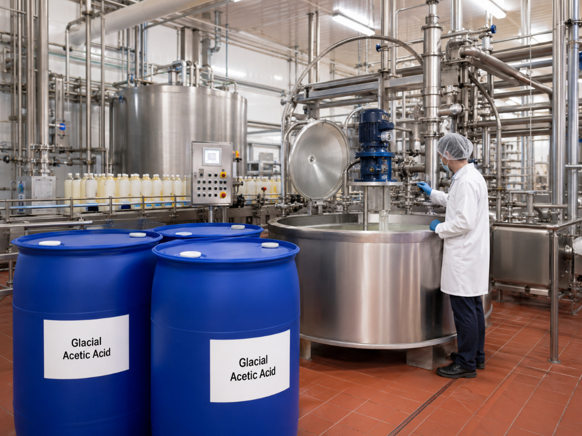 Glacial acetic acid is used in the production of vinegar.