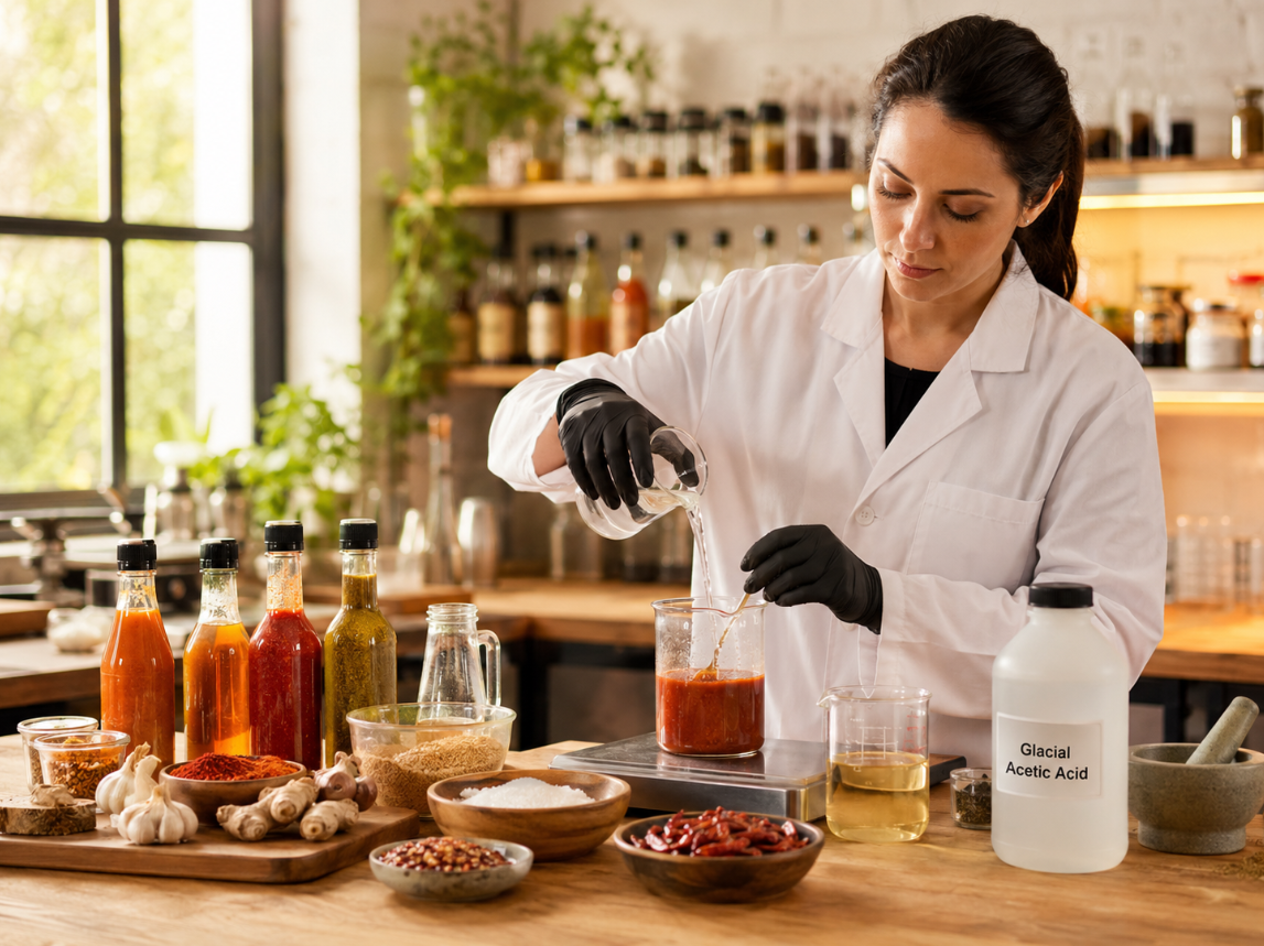 Glacial acetic acid is used in the production of Condiment